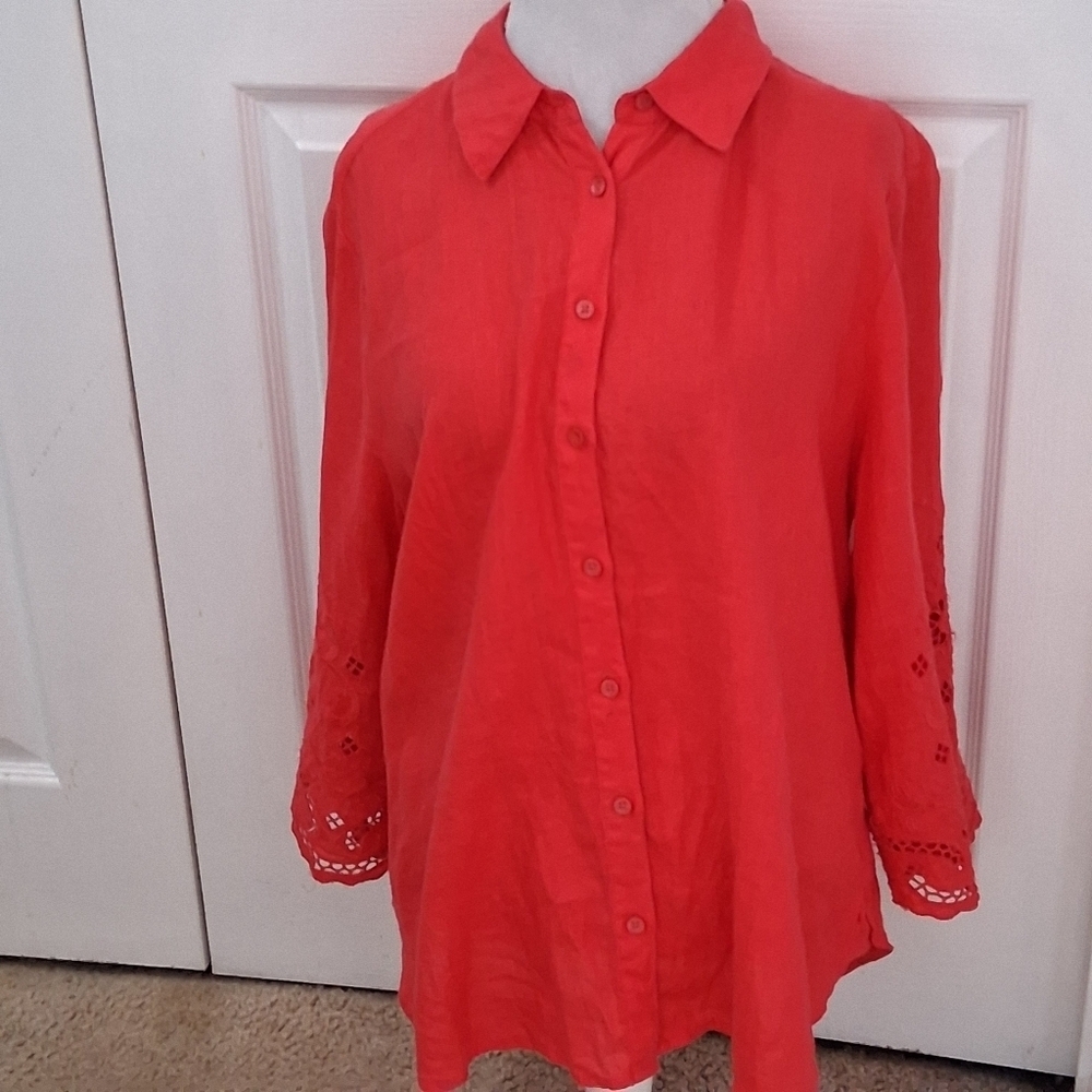 Chico's Coral Linen Button-Down Shirt With Laser Cut Sleeves Size 3